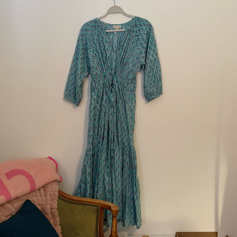 Jane Valken Floral Green and Blue Midi Dress Cinch Waist Medium